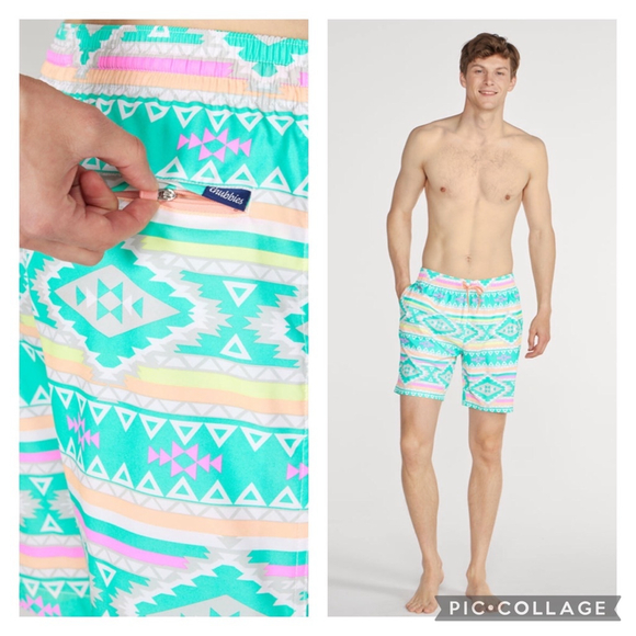 EUC Mens Chubbies Classic Swim Trunk The En Fuegos in Teal Geometric | Size Lg - Picture 9 of 9